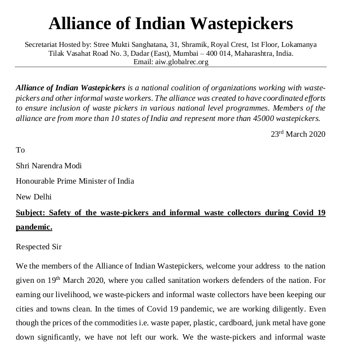 Letter to the Prime Minister for safety of waste pickers and informal waste collectors. AIW.