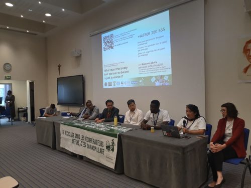 Side event at INC-2 on Just Transition and the Plastic Treaty. With Soledad Mella And Johnson Doe. Paris, 2023.